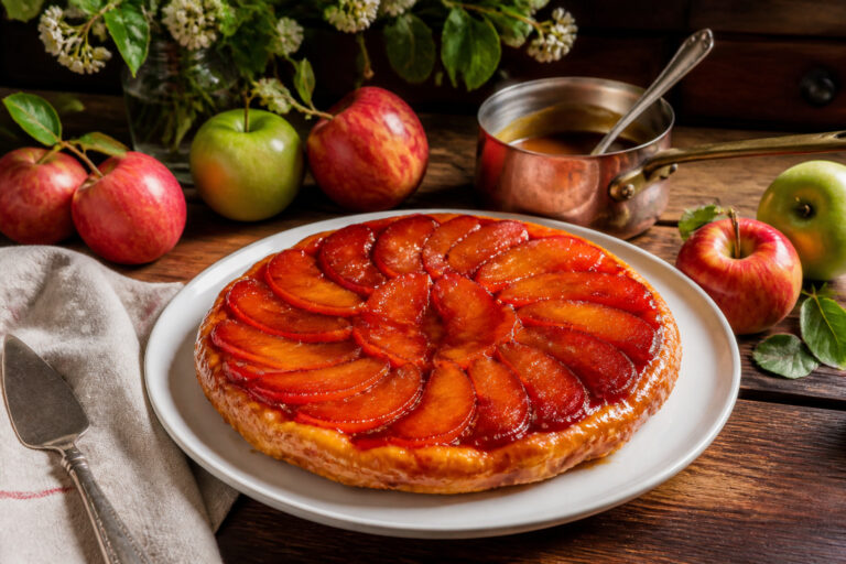 Tarte tatin caramelisee et doree sur assiette blanche