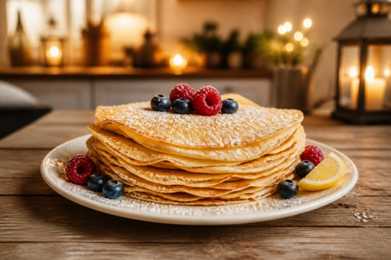 Crepes dorees aux fruits rouges et sucre glace
