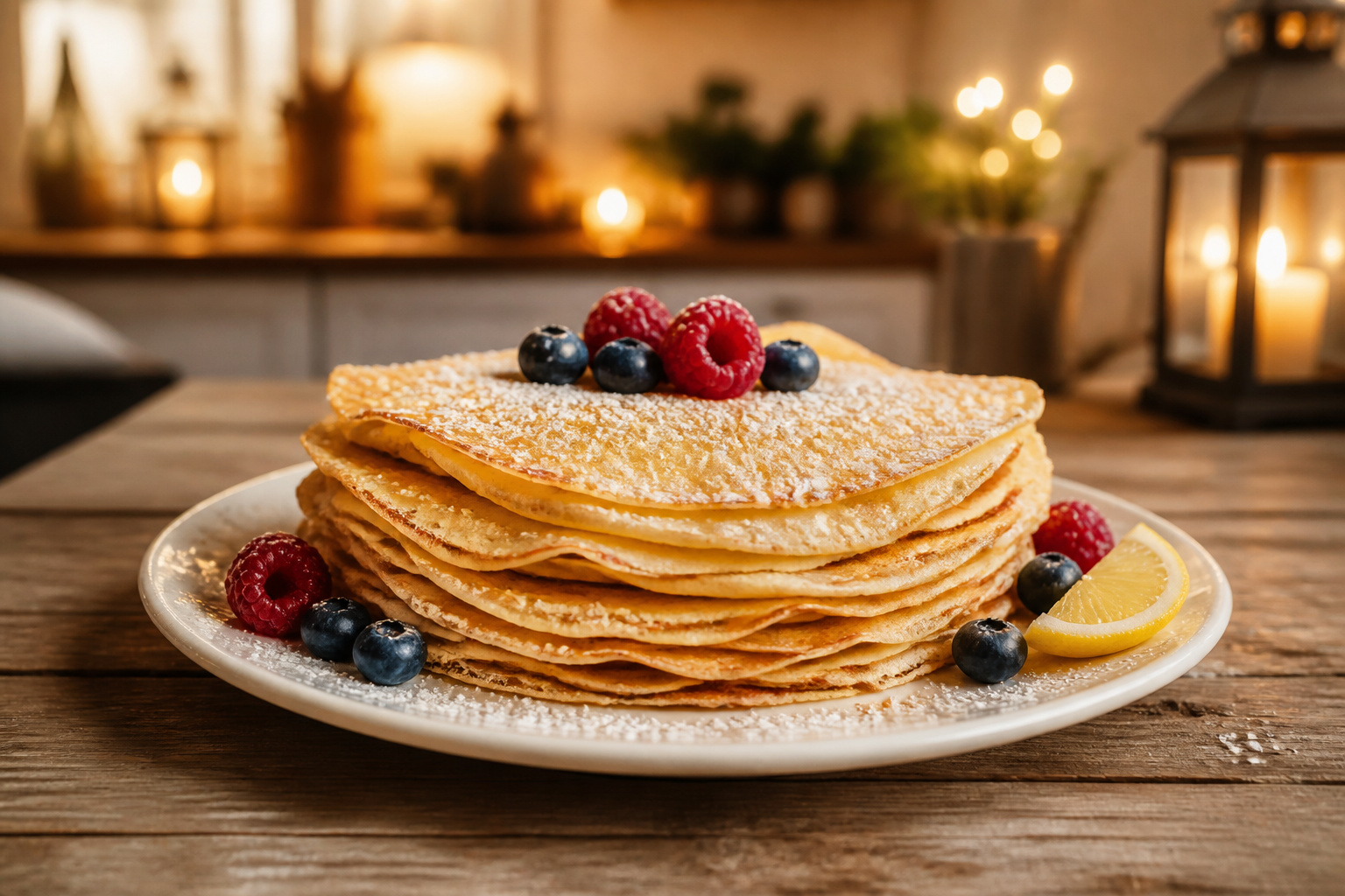 Crepes dorees aux fruits rouges et sucre glace