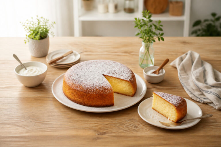Gateau au yaourt dore et leger saupoudre de sucre glace
