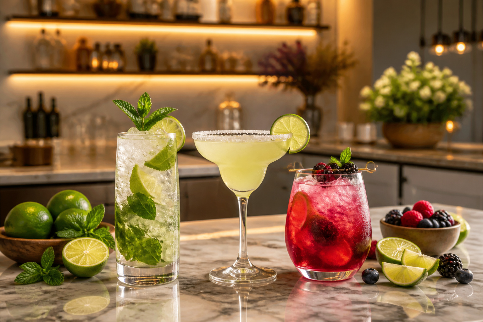 Cocktails vibrants sur un bar de maison elegant