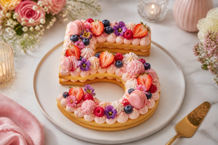 Gateau chiffre decore de fruits et macarons
