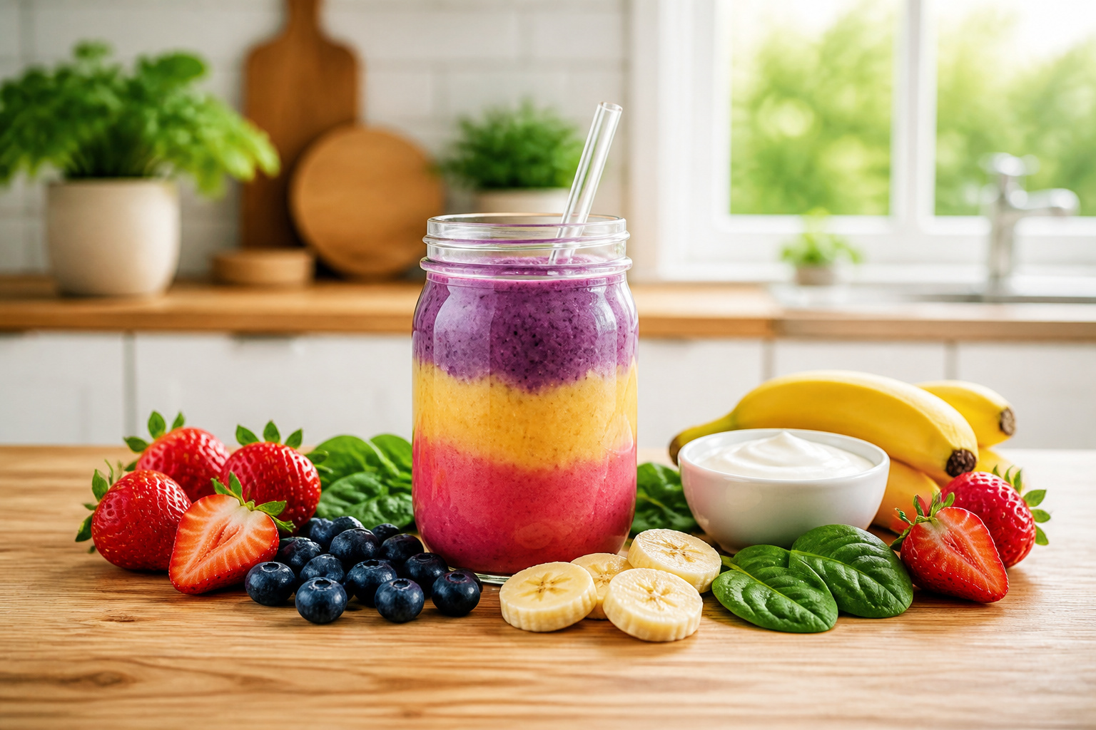Smoothie aux trois fruits et ingredients frais