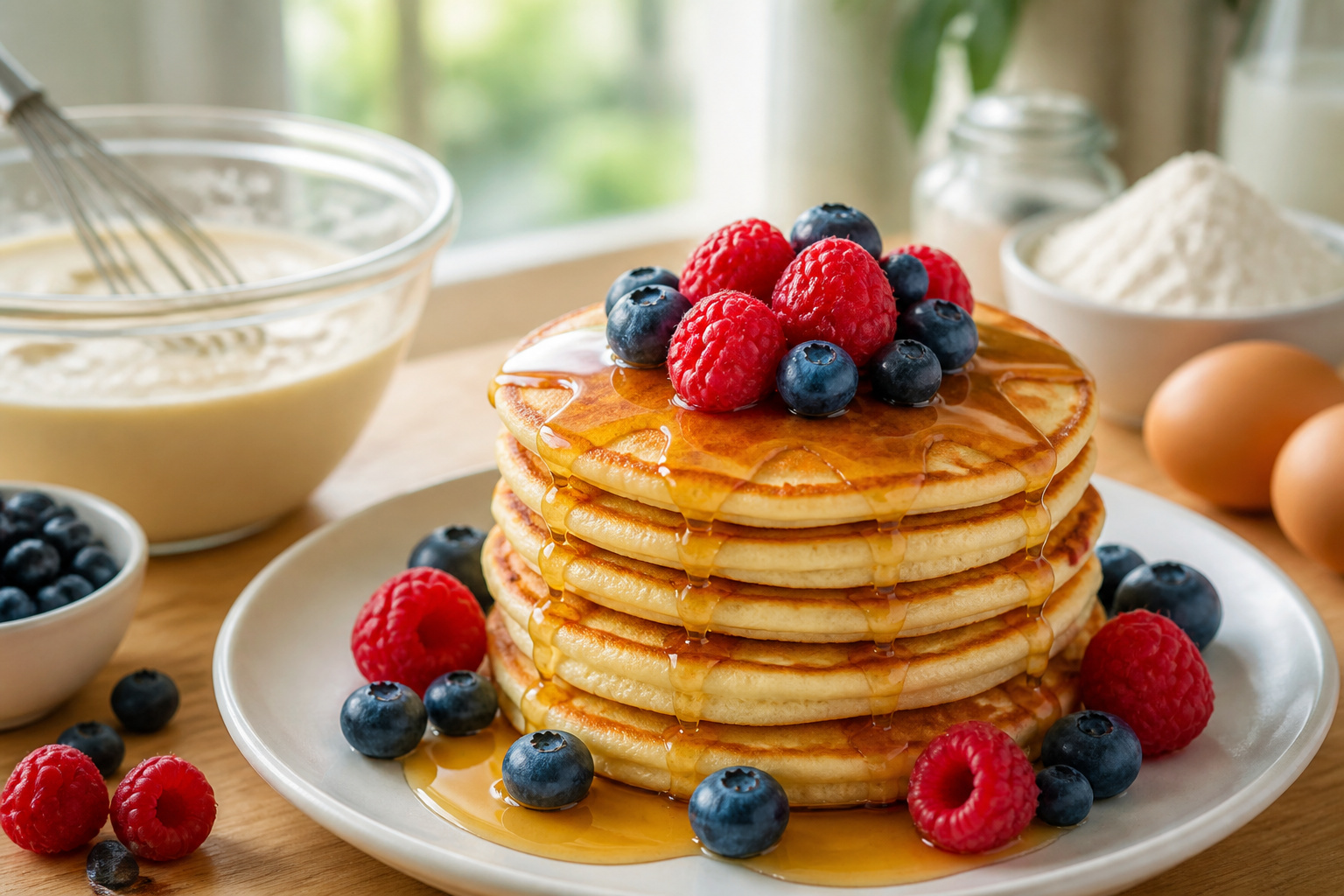 Pile de pancakes aux fruits et sirop