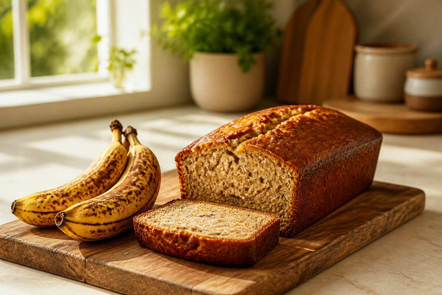Pain aux bananes dore et bananes mures